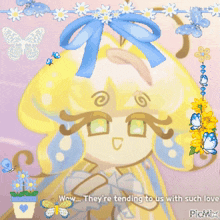 a picture of a girl with flowers and butterflies and the words wow they re tending to us with such love