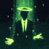 a man in a suit and tie with a halo around his head and the word much written on it
