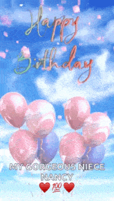 a happy birthday card for a niece with pink and blue balloons in the sky .