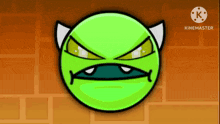 a green cartoon character with horns and a fish in its mouth is on an orange background .