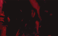 a group of people dancing in a dark room with red lights behind them