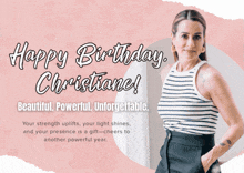 a woman is standing in front of a pink background with the words happy birthday christiane