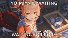 a cartoon of a girl sitting at a table with chopsticks and the words yoimiya is waiting waiting for rory