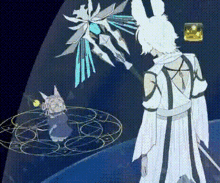 a man in a white robe is standing next to a cat in a circle holding a sword .
