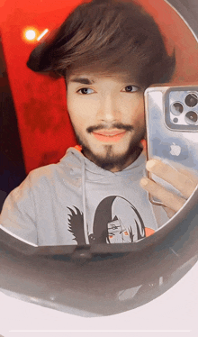 a man taking a picture of himself in a mirror with an apple phone