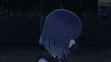 a girl with blue hair and blue eyes stands in front of a sign that says ' a ' on it