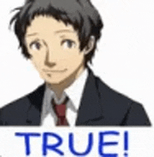 a man in a suit and tie is standing in front of a sign that says true .