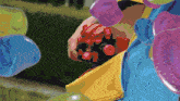 a person in a blue jacket is holding a toy in their pocket surrounded by balloons