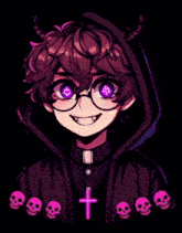 a cartoon character with horns and glasses is surrounded by purple smoke