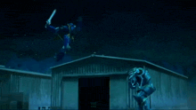 a robot is flying through the air in a dark room .