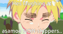 a cartoon of a boy laughing with the words he 's laughing at asame non-shippers