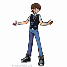 a drawing of a boy in a vest and tie with the name kurumelsuki below him