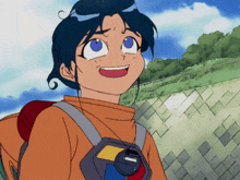 a cartoon character with blue hair and a backpack smiles
