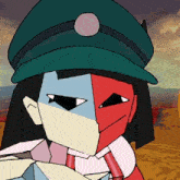 a close up of a cartoon character wearing a green hat