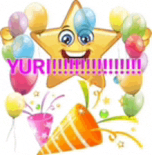 a cartoon star with balloons and a party hat says yuri !!!