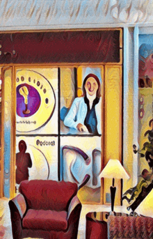 a painting of a woman behind a window with the word podcast written on it