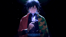 a black haired anime character with blue eyes is holding a butterfly in his hand