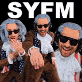 a man in a wig and sunglasses stands in front of a syfm sign