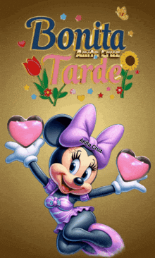 a picture of minnie mouse with the words bonita tarde written on it