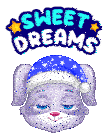 a dog wearing a sleep cap with the words sweet dreams behind it