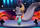 a cartoon squirrel in a blue dress is dancing on stage