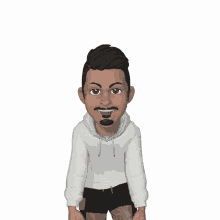a cartoon of a man with a beard and mustache wearing a white hoodie and black shorts