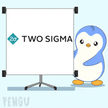 a penguin is standing in front of a white board that says two sigma
