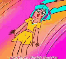 a colorful drawing of a girl with blue hair