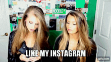 two women standing next to each other with the words like my instagram on the bottom