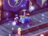 a video game character stands in front of a table with a scale on it