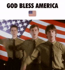 a group of men are standing in front of an american flag with the words god bless america above them