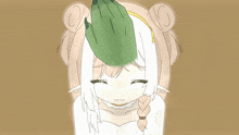 a drawing of a girl with a green object on her head