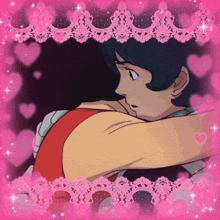 a picture of a boy with blue hair is framed by pink hearts