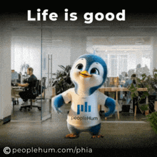 a penguin wearing a peoplehum t-shirt is dancing in an office