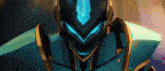 a close up of a robot with a blue helmet and gold armor