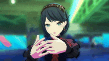 a girl with blue hair is making a stop sign with her hand