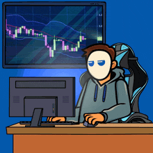 a man wearing a mask is sitting in front of a computer