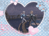 a couple of dolls are dancing in a heart shaped frame with the name dahliadoll written on the bottom