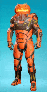 a man with a pumpkin on his head is wearing armor