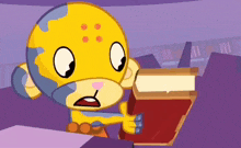 a cartoon character is holding a red book in his hands