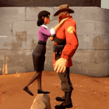 a woman in a purple sweater is kissing a man in a red uniform
