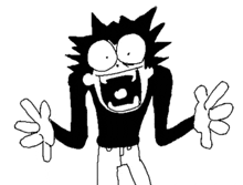 a black and white drawing of a cartoon character with a big smile on his face