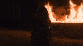 a woman stands in front of a fire with a picture of a woman behind her