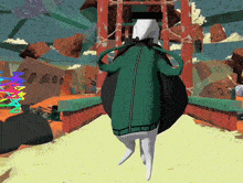 a cartoon character in a green and white outfit is standing in front of a ferris wheel