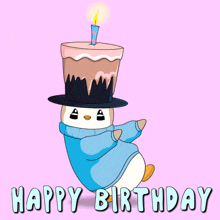 a birthday card with a penguin wearing a top hat and sweater