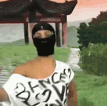 a man wearing a mask and a white shirt with the word bence on the back