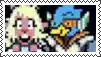 a pixel art of a cat and a bird on a postage stamp