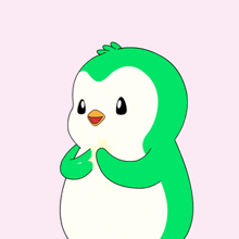 a green and white penguin with a yellow beak is on a pink background