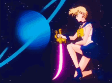a girl is kneeling down holding a sword in front of a planet .