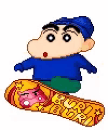 a pixel art of a cartoon character riding a skateboard .